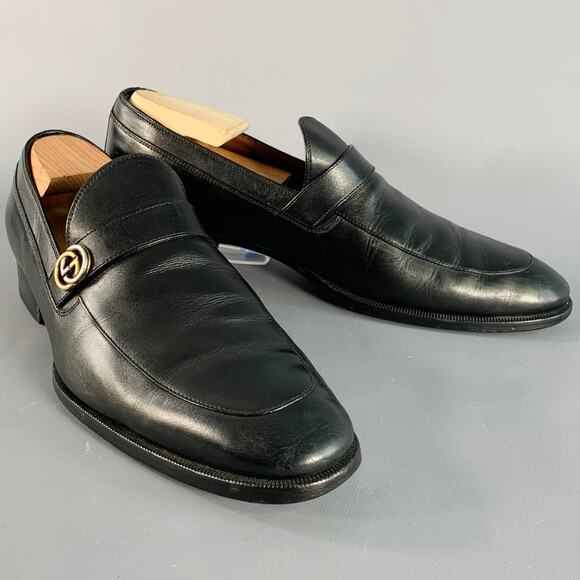 GUCCI Size 8.5 Black GG Monogram Leather Strap Slip On Loafers - Picture 1 of 8